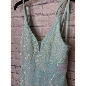 Morgan & Co Turquoise Full Sequin Mermaid Formal Prom Dress Sweetheart Neck SZ 9